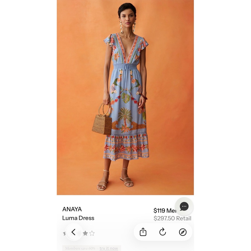 Anaya Luma Dress Blue Tropical Leopard Parrot Floral Midi Flutter Sleeve Small